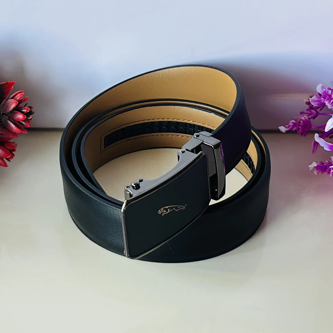 Black PU leather adjustable casual formal buckle belt