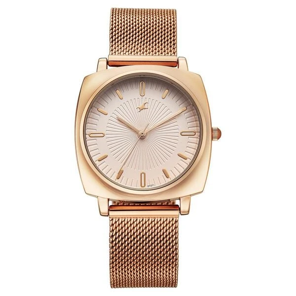 Fastrack Stunners Quartz Analog Rose Gold Dial Rose Gold Stainless Steel Strap Watch For Girls model No.68043WM06