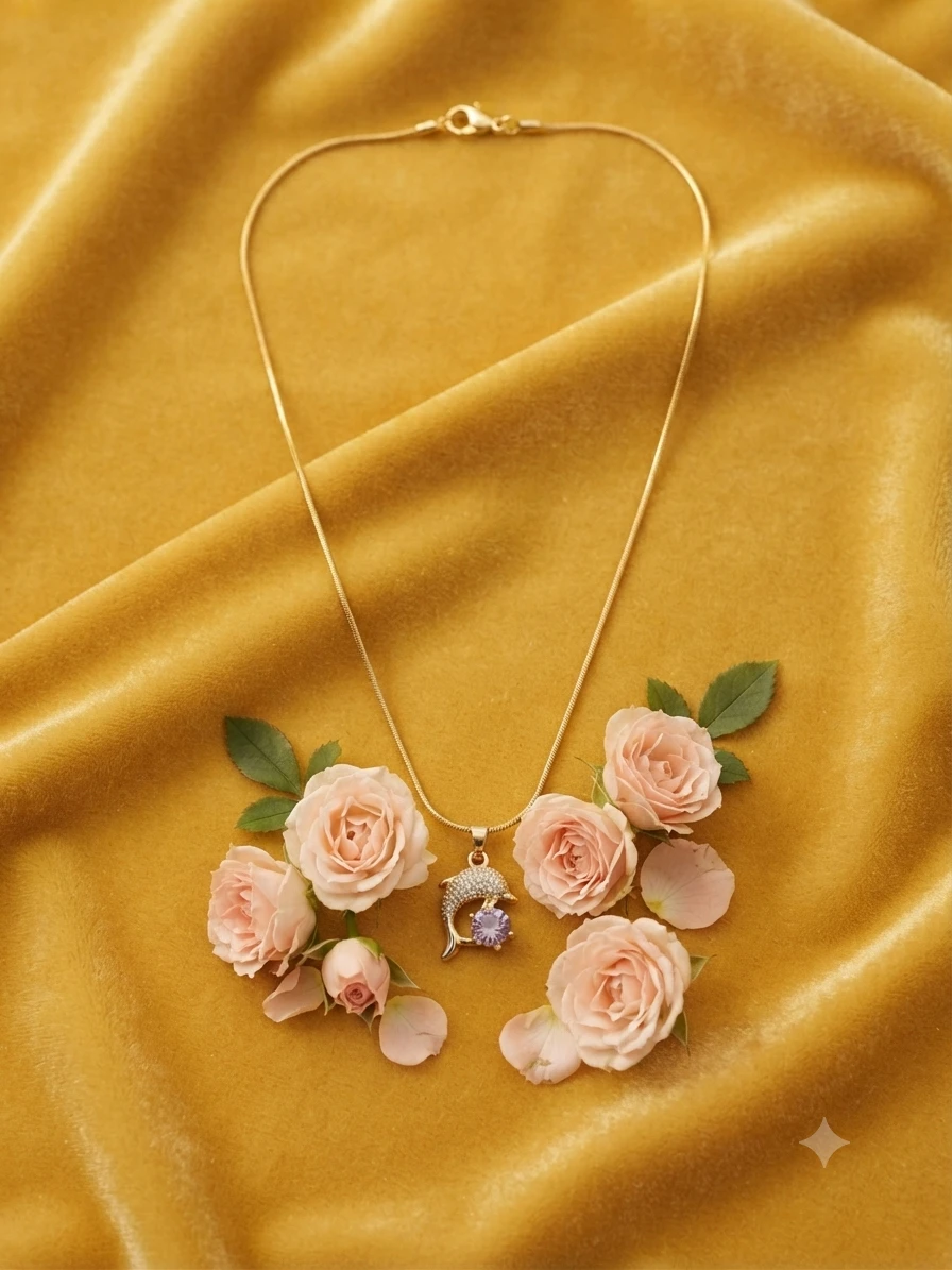 Gold plated necklace features a dolphin pendant