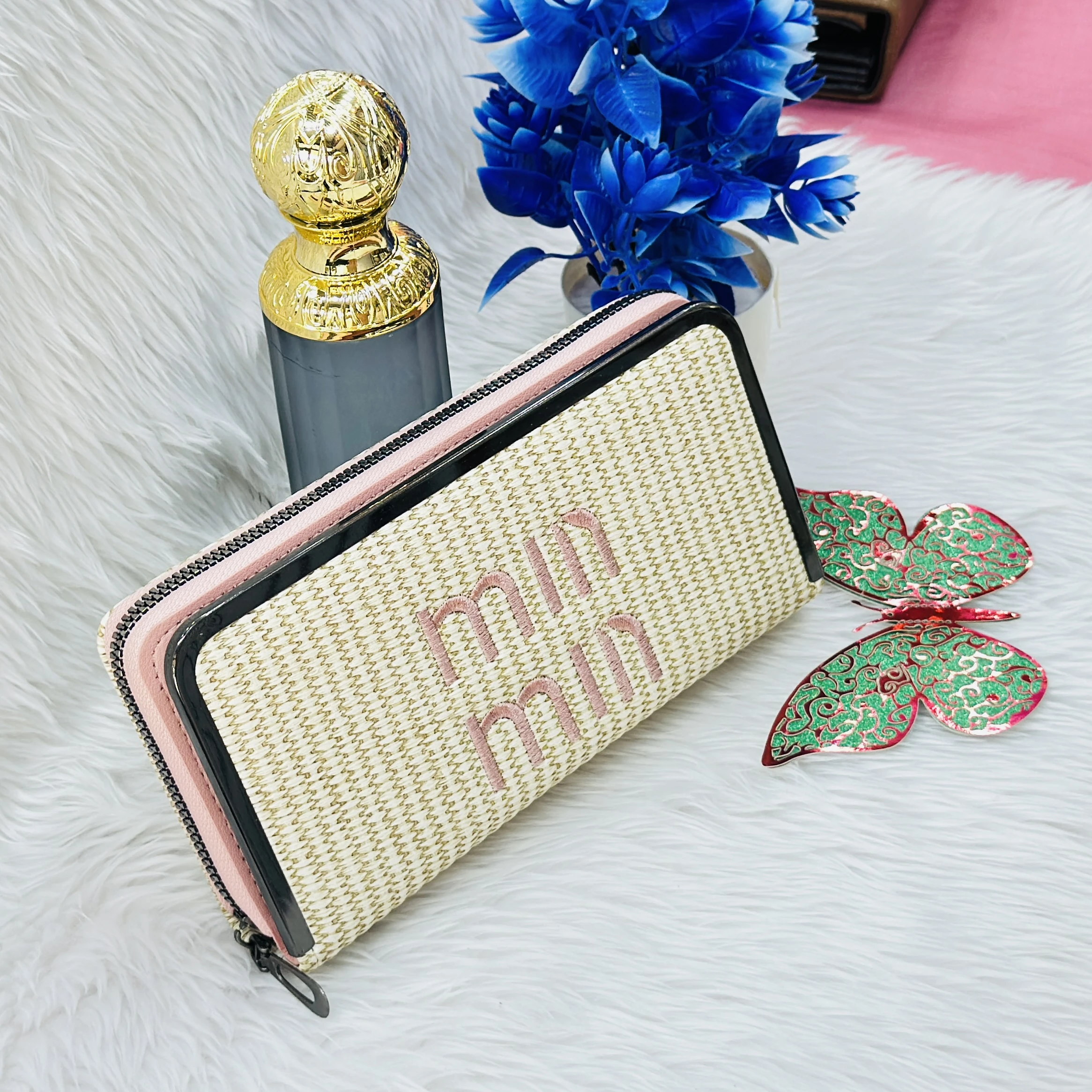 Miu Miu inspired straw-textured wallet