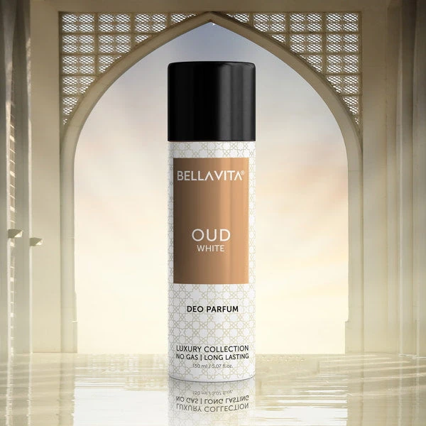 Bellavita Oud White Deo Parfum, a 150 ml long-lasting body spray