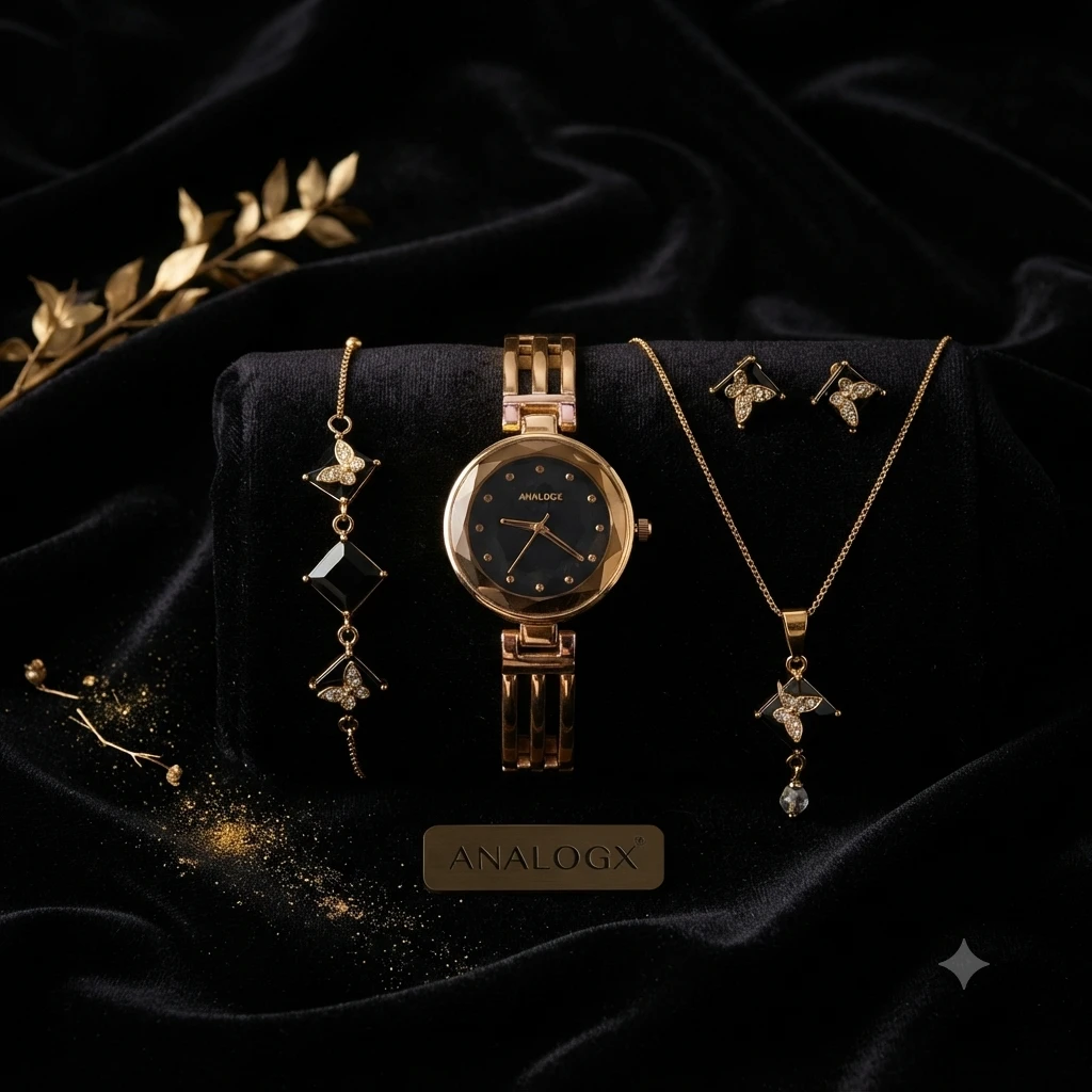 Analogx gold-toned women's analog watch and matching jewelry gift set