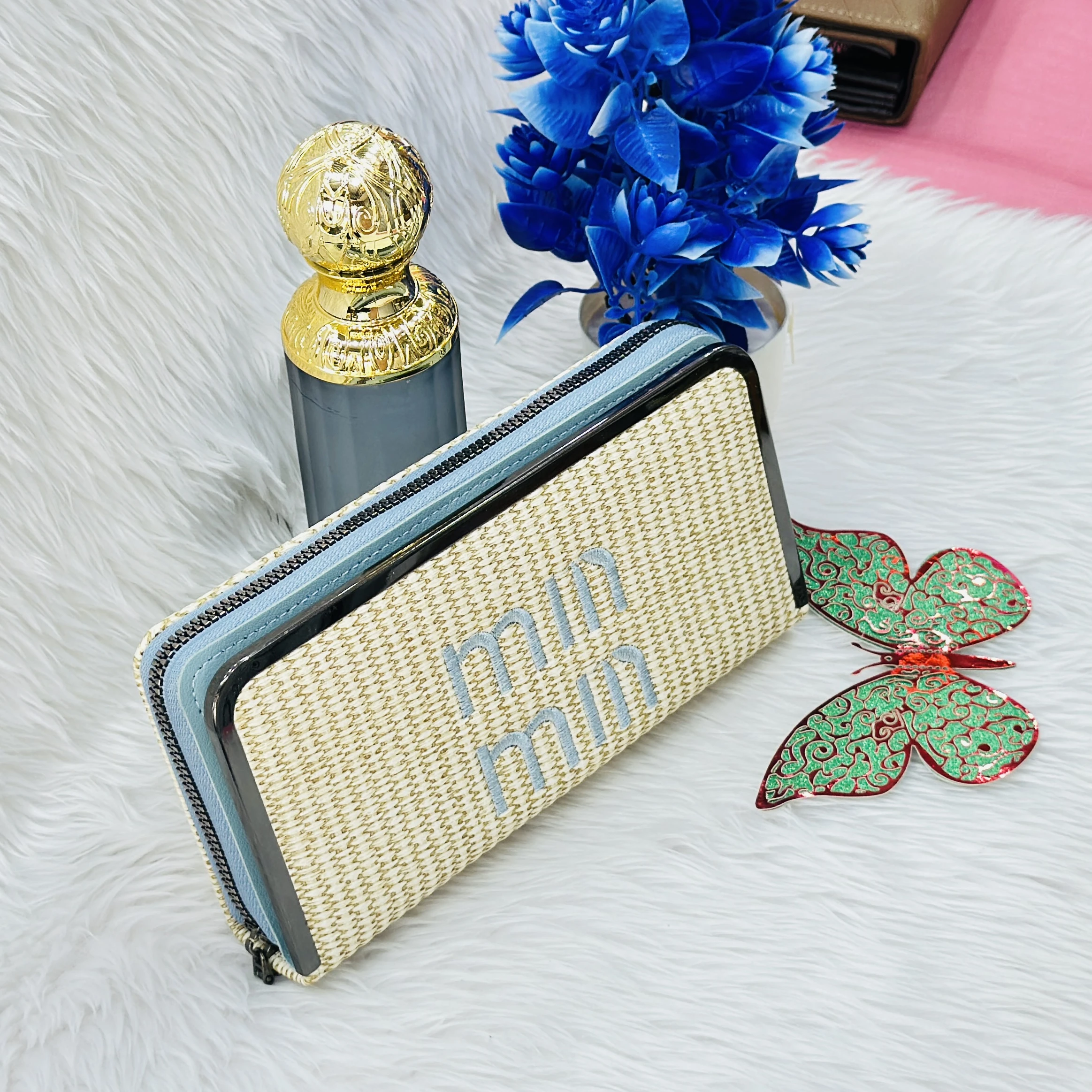 Miu Miu inspired straw-textured wallet