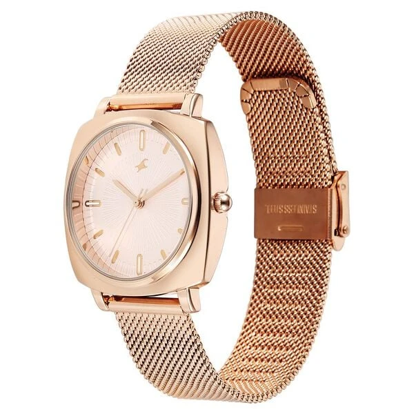 Fastrack Stunners Quartz Analog Rose Gold Dial Rose Gold Stainless Steel Strap Watch For Girls model No.68043WM06