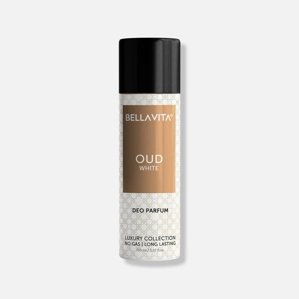 Bellavita Oud White Deo Parfum, a 150 ml long-lasting body spray