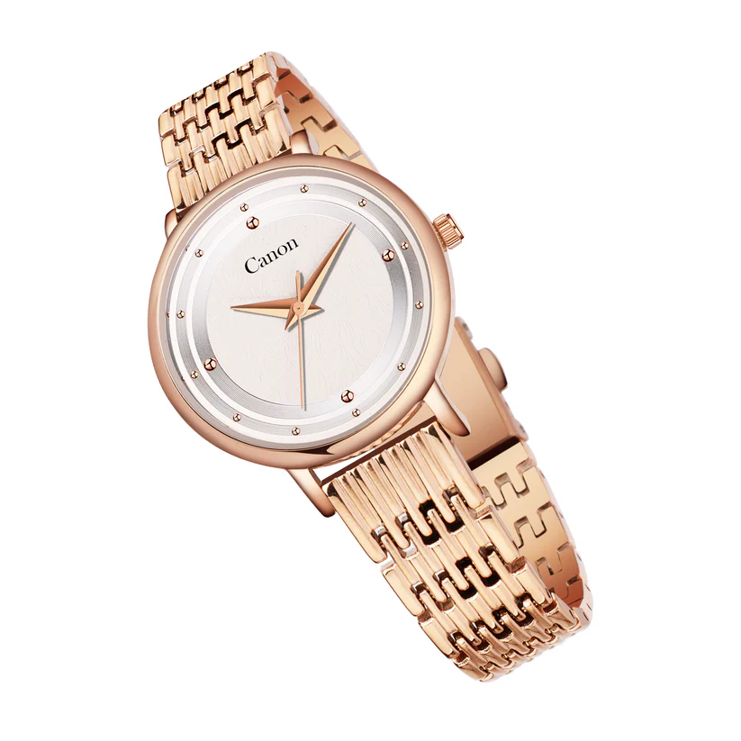 Canon Quartz analog watch in rose gold featuring a polished link bracelet and a minimalist white dial with subtle inner track detailing.