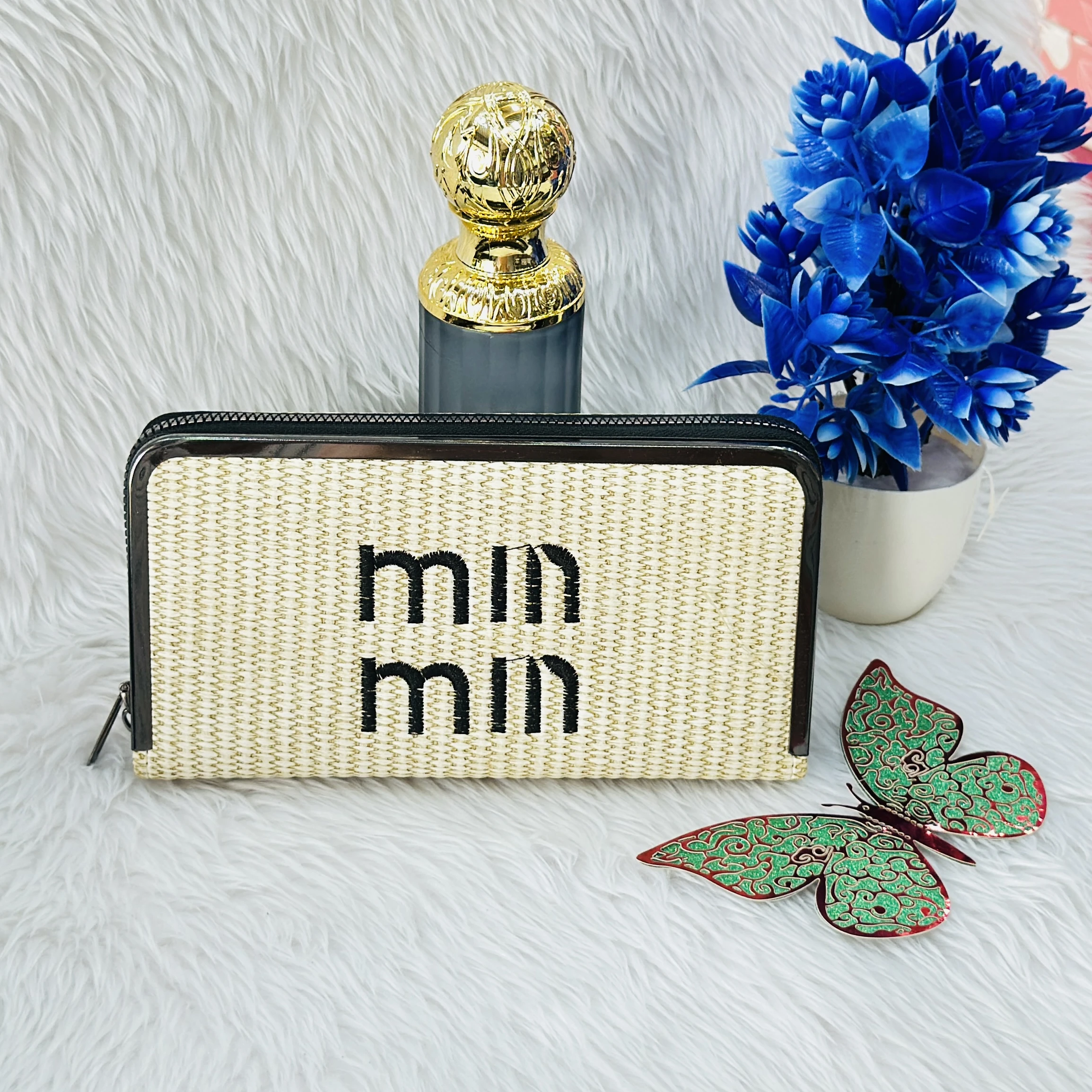Miu Miu inspired straw-textured wallet