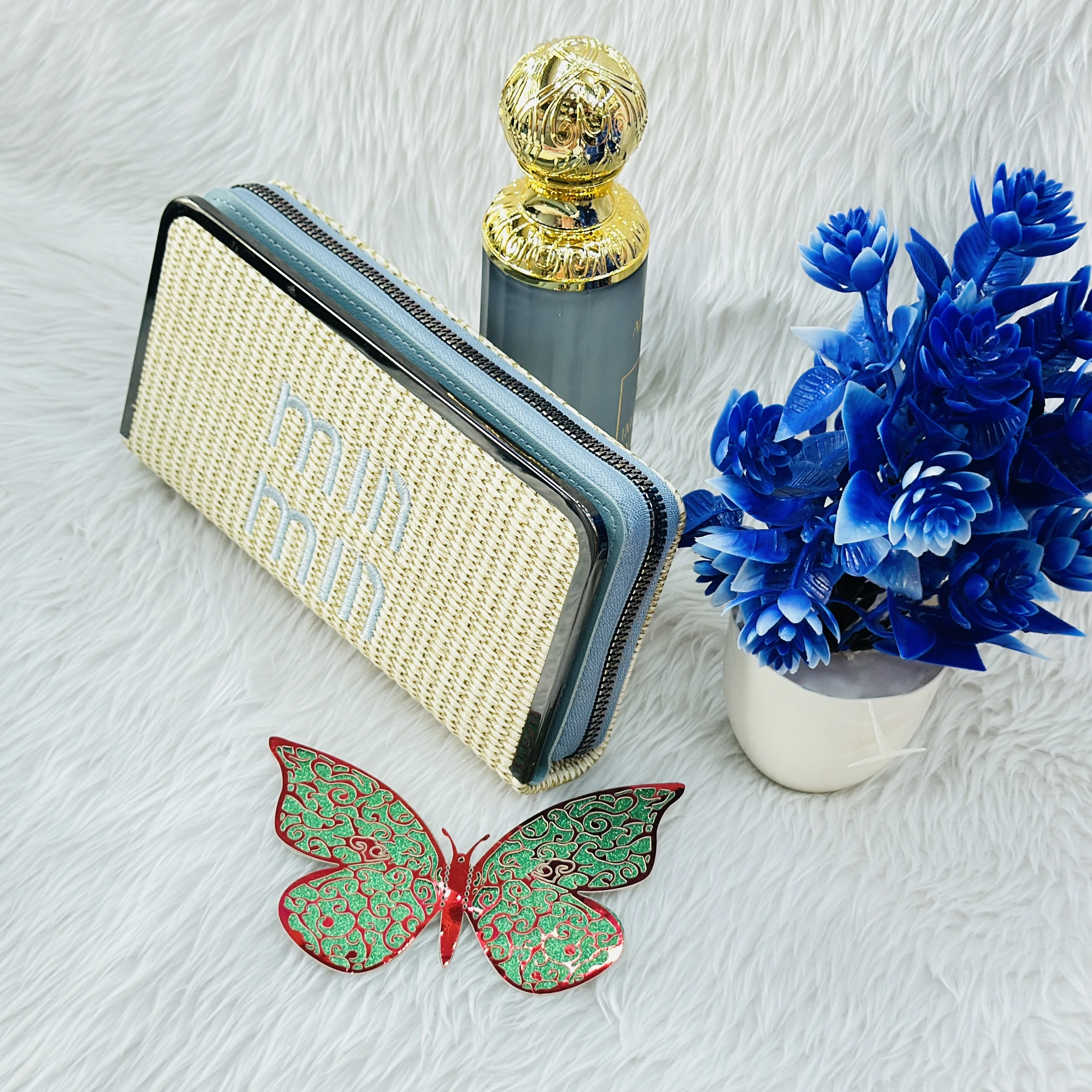 Miu Miu inspired straw-textured wallet
