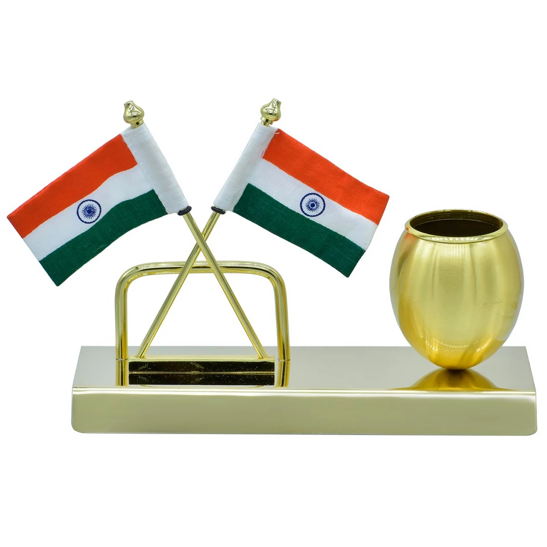 golden desktop Indian flag set features a twin-flag design and a integrated pen holder.