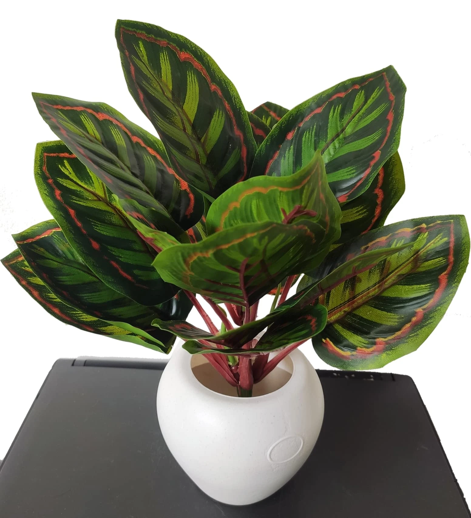 An artificial Calathea plant in a black plastic pot.