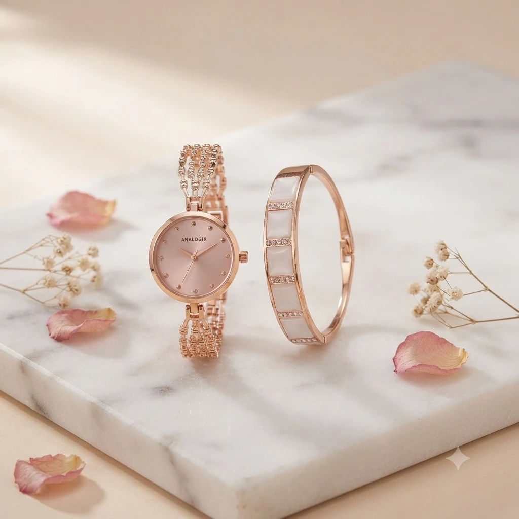 rose gold-toned women's watch and matching floral bracelet set