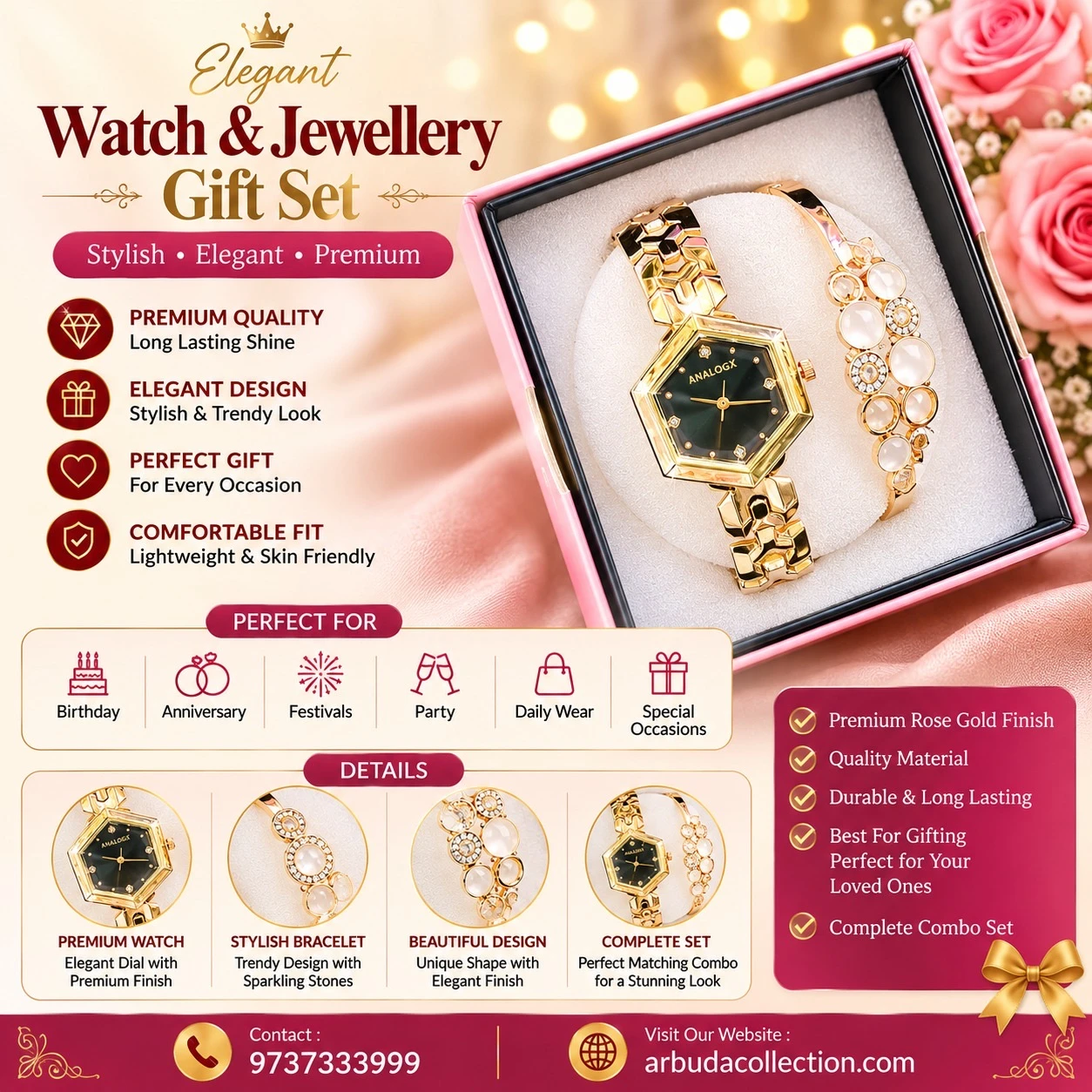 Analogx rose gold analog watch paired with a matching floral crystal-studded bracelet.