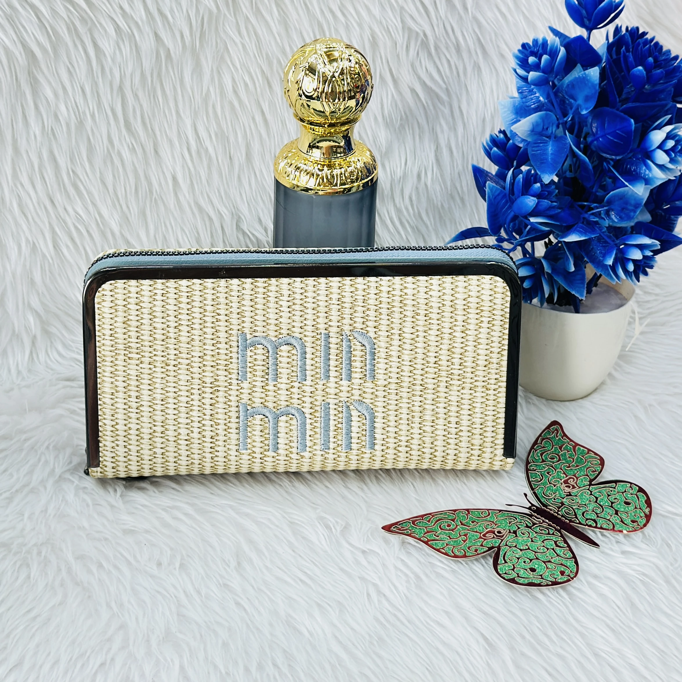 Miu Miu inspired straw-textured wallet