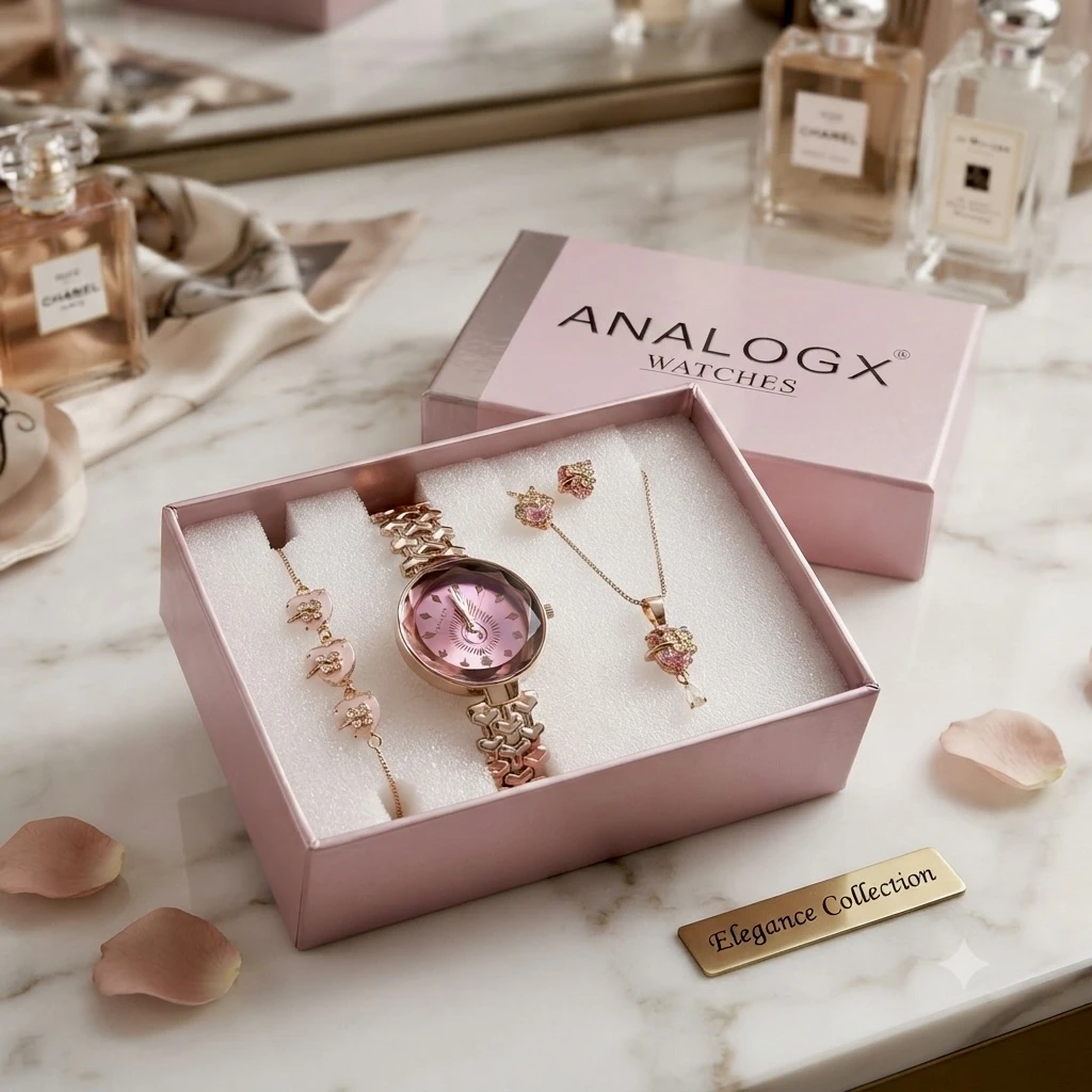 an elegant rose-gold women's watch and jewelry gift set
