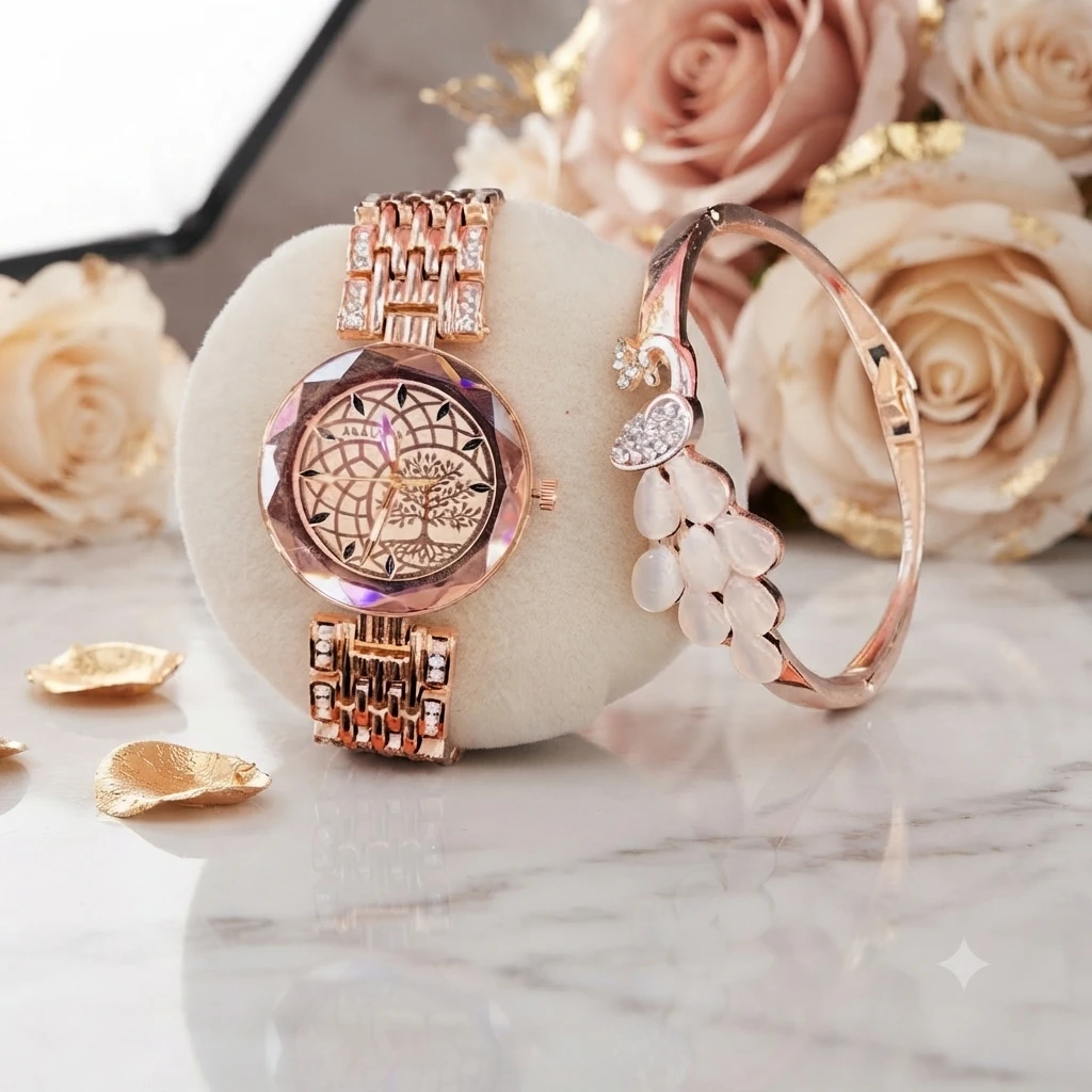 stylish rose gold women's analog watch and matching peacock bracelet set
