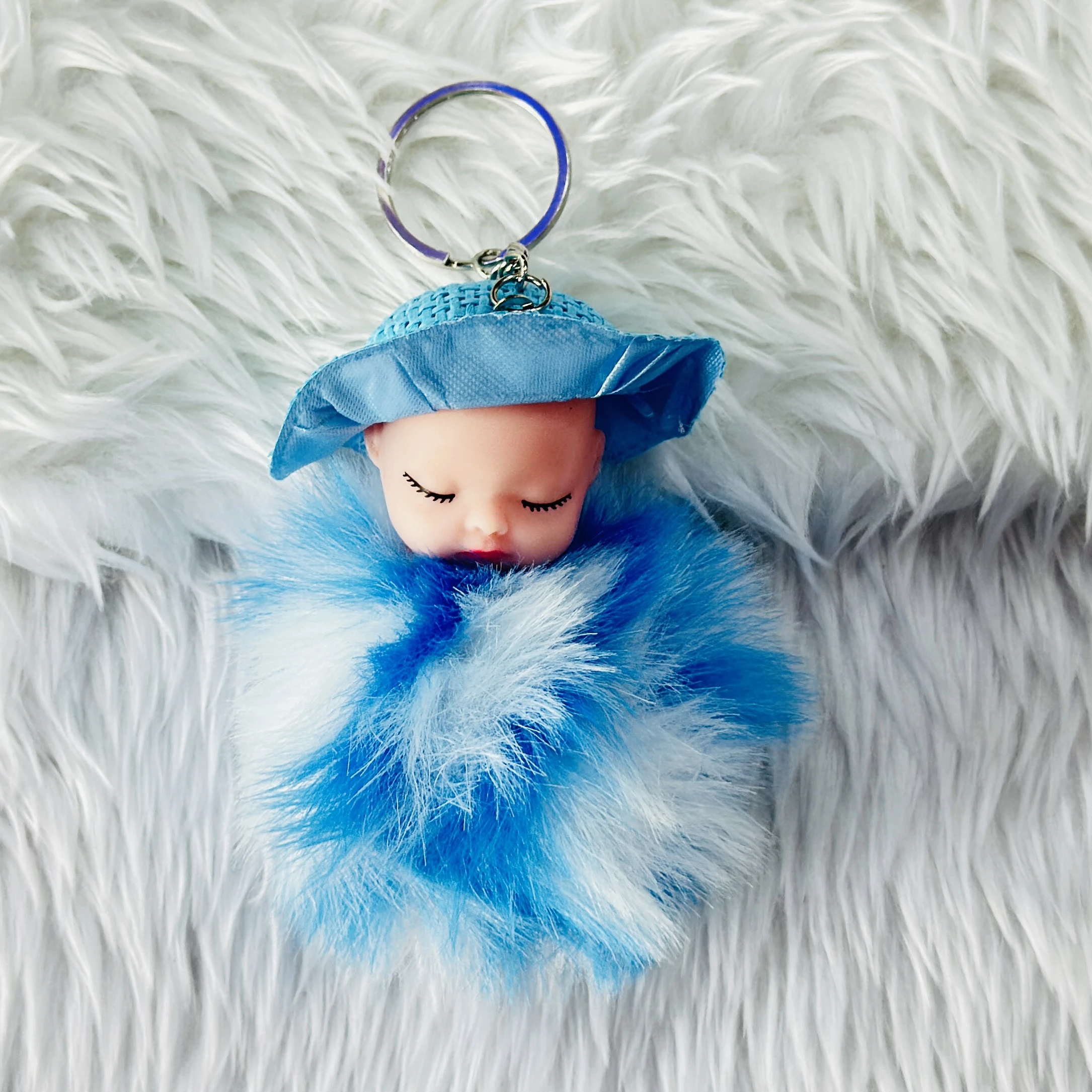 fluffy sleeping baby doll keychain