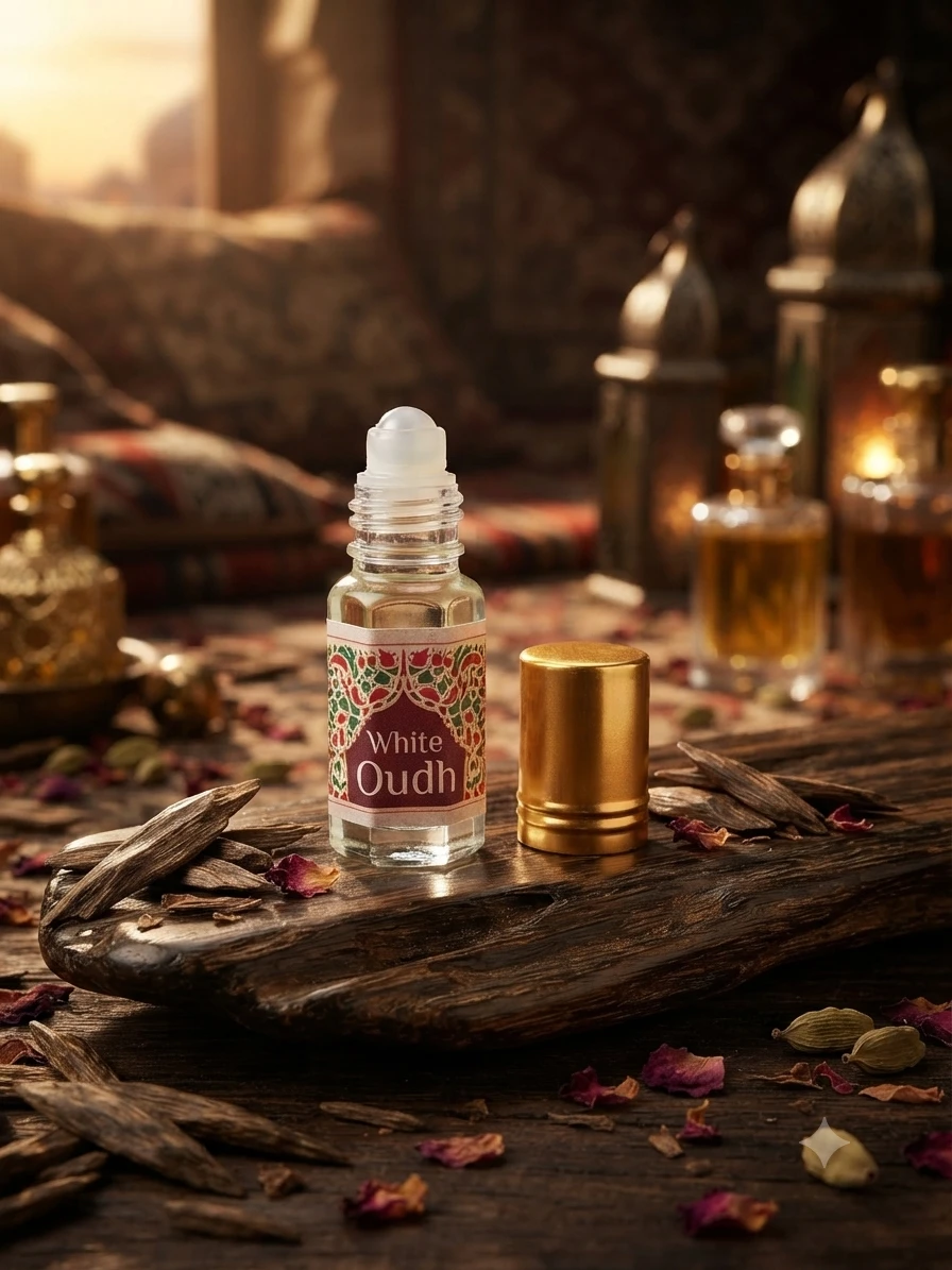 Afshan Perfumers White Oudh, a 3 ml alcohol-free roll-on attar.