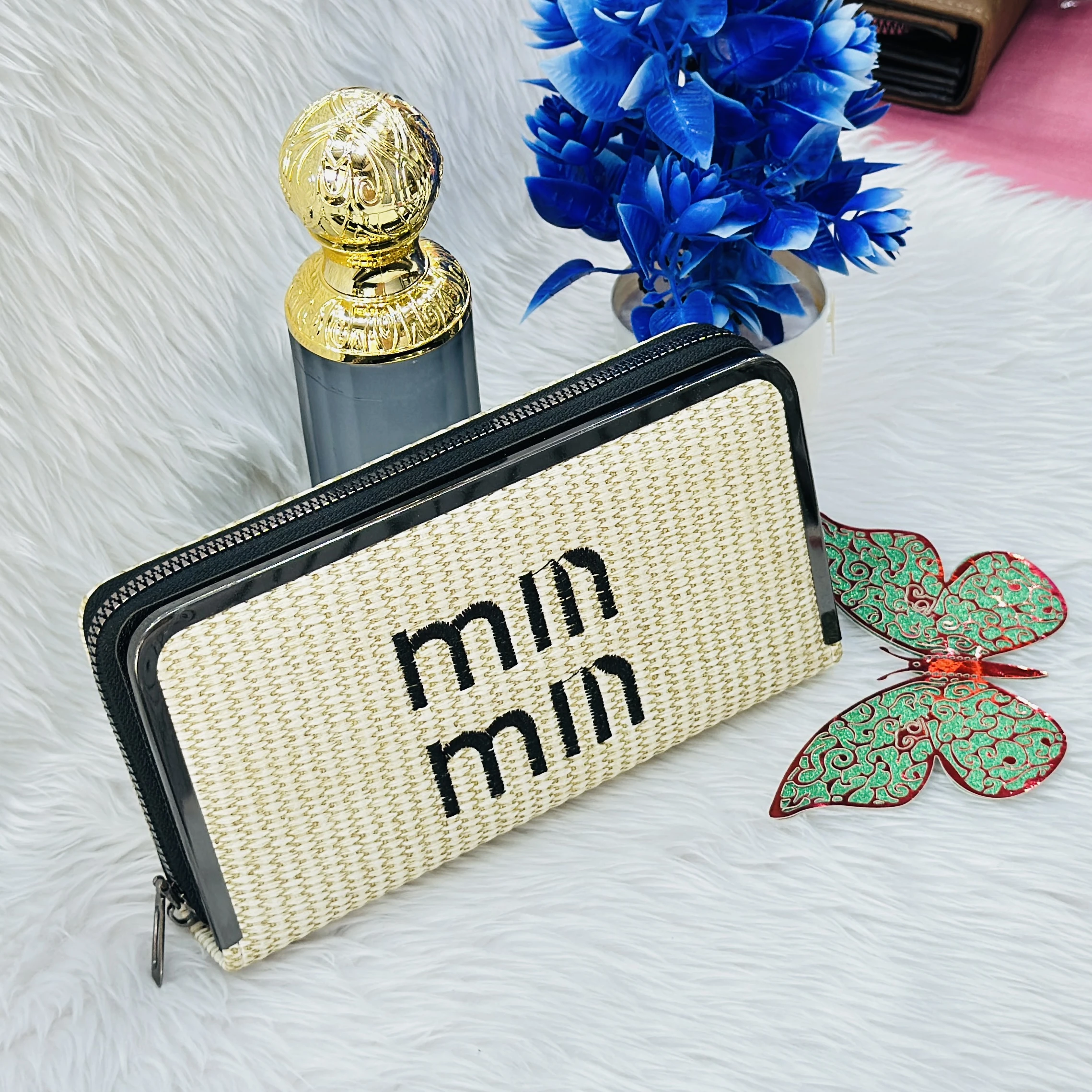 Miu Miu inspired straw-textured wallet