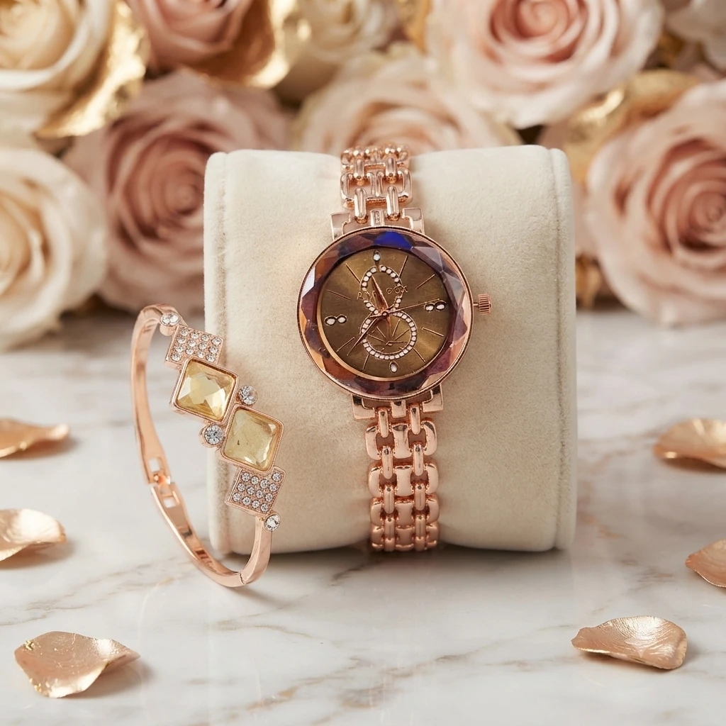 an elegant rose gold women's watch and matching crystal bracelet set