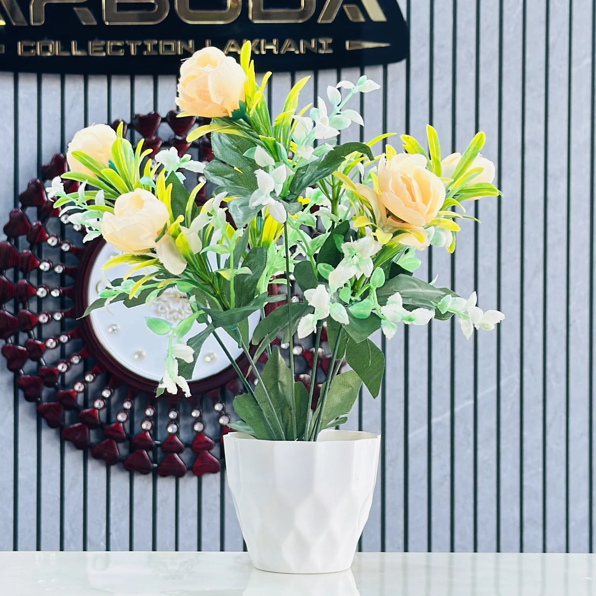 Artificial Yellow Rose Plant with White Pot