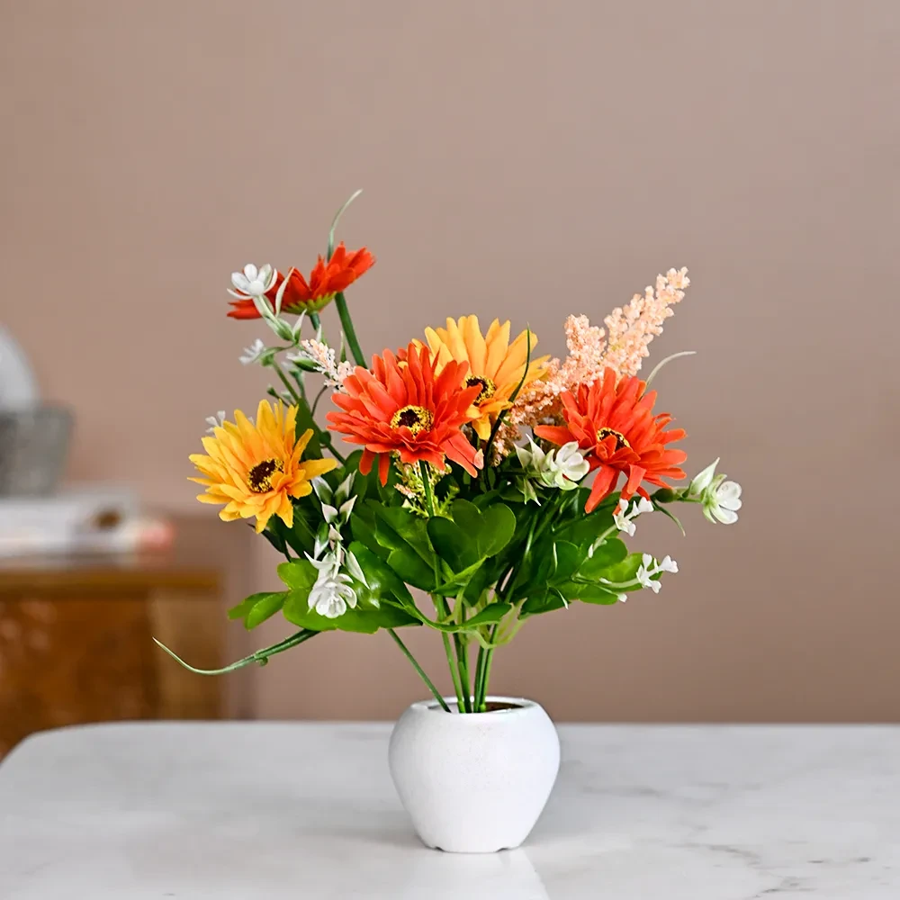 Yellow & Red Daisy Artificial Flowers With Pot Single Piece