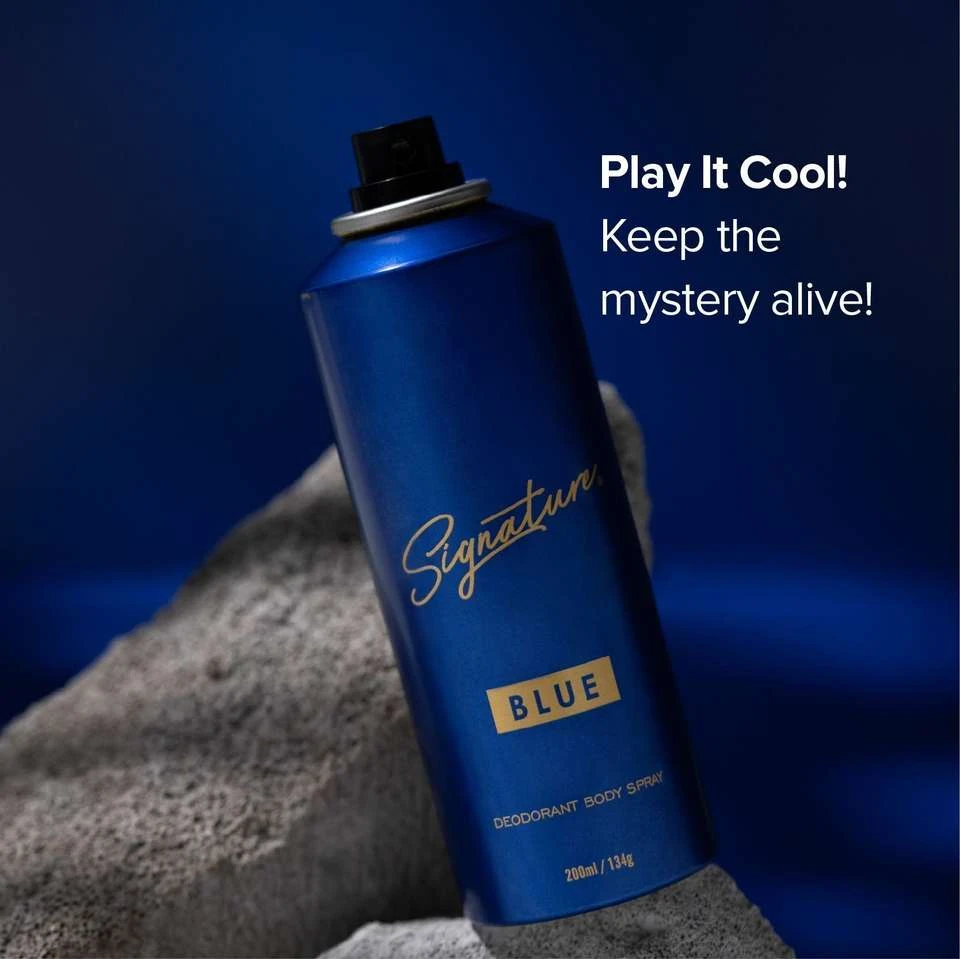 Signature Blue fragrance body spray.