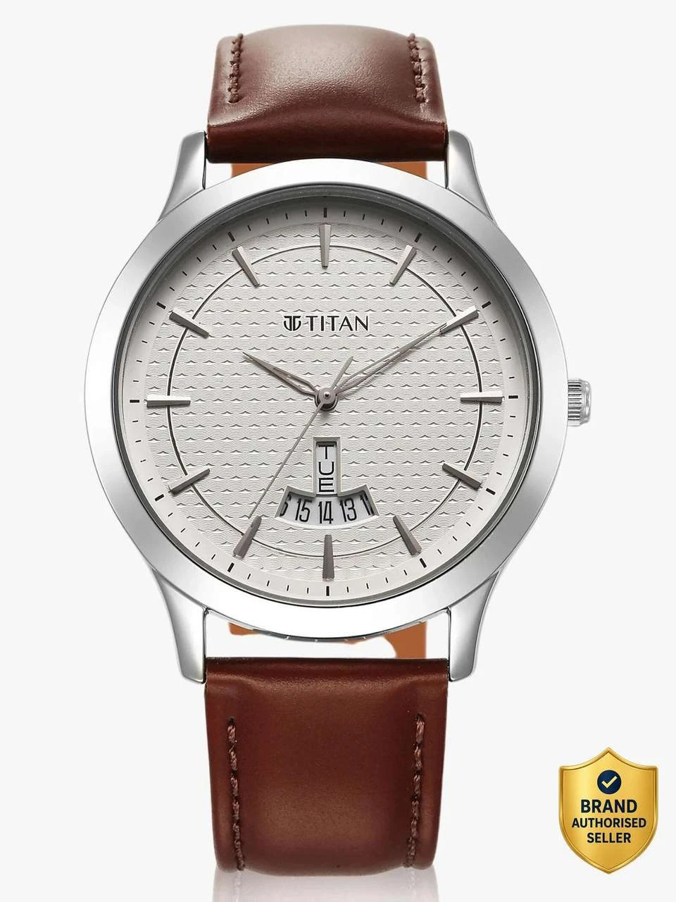 Titan On Trend analog watch featuring a clean white dial and a brown leather strap