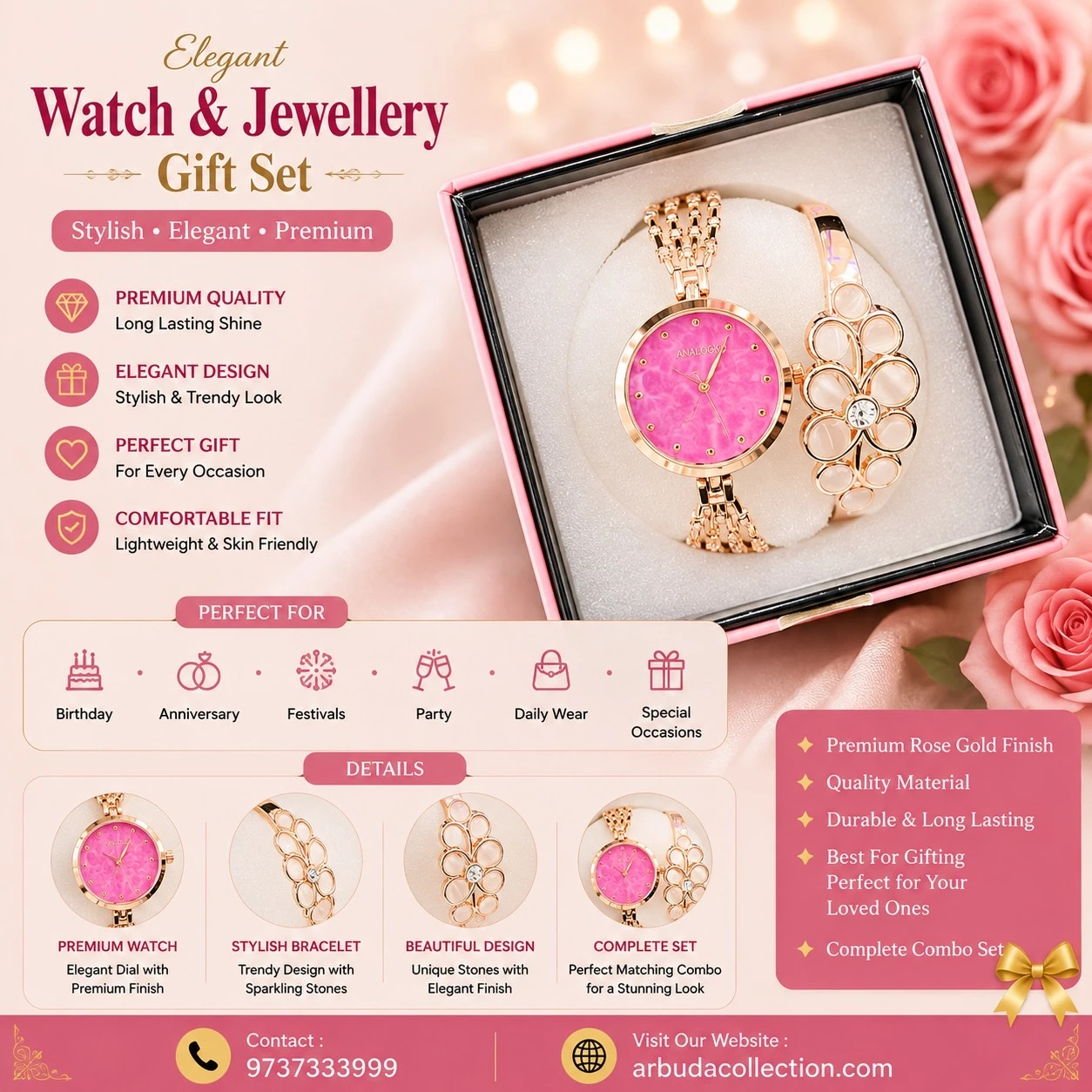 an elegant rose gold women's watch and matching crystal bracelet set
