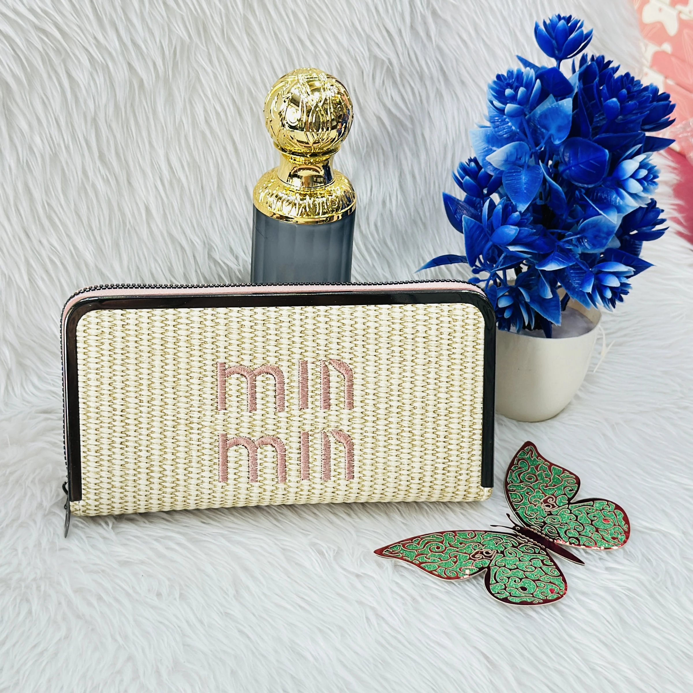 Miu Miu inspired straw-textured wallet