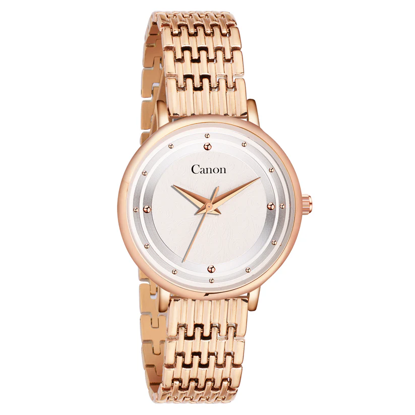 Canon Quartz analog watch in rose gold featuring a polished link bracelet and a minimalist white dial with subtle inner track detailing.