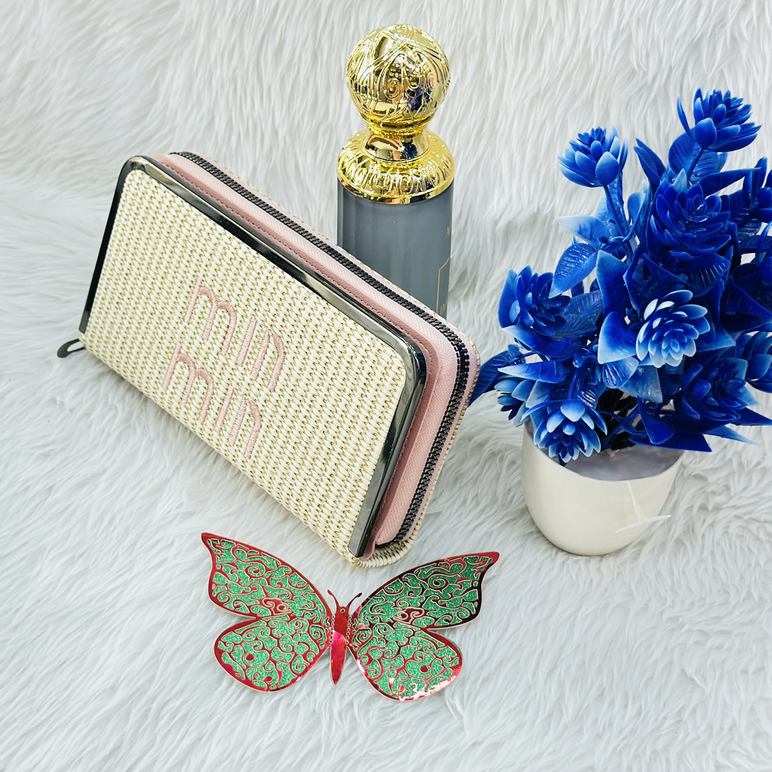 Miu Miu inspired straw-textured wallet